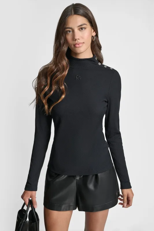 JEWEL BUTTON SHOULDER MOCK NECK LONG SLEEVE TEE sold by DKNY