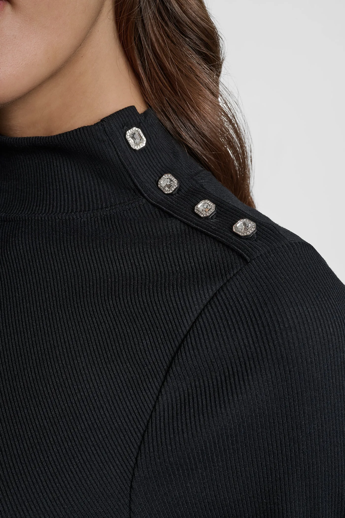 JEWEL BUTTON SHOULDER MOCK NECK LONG SLEEVE TEE sold by DKNY product image thumbnail 4