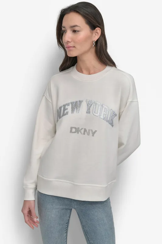 RHINESTONE STUD LOGO CREW NECK SWEATSHIRT sold by DKNY