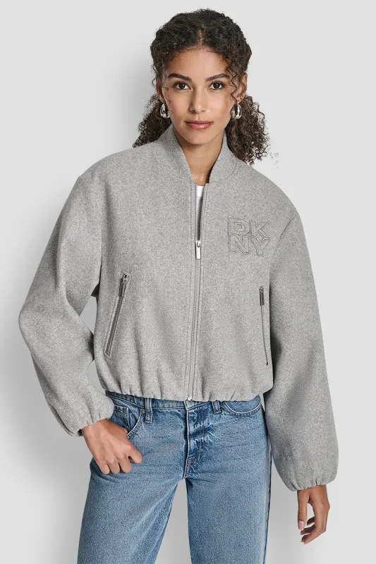 ZIP FRONT BOMBER JACKET WITH SELF APPLIQUE LOGO sold by DKNY