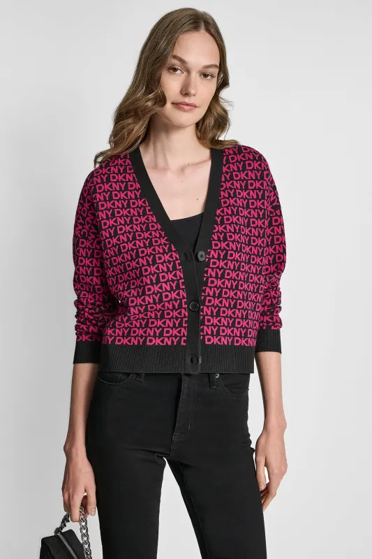 LOGO JACQUARD LONG SLEEVE V-NECK CARDIGAN sold by DKNY