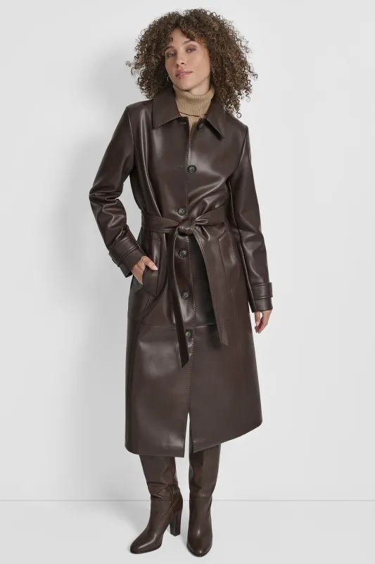 FAUX LEATHER LONG TRENCH sold by DKNY