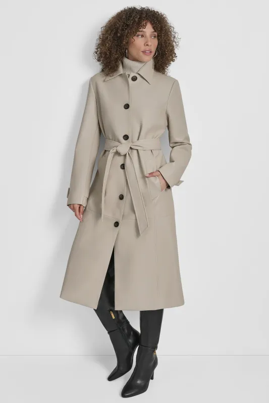 FAUX LEATHER LONG TRENCH sold by DKNY