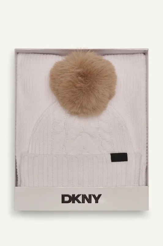 2 PIECE CABLE SCARF AND BEANIE SET made by DKNY