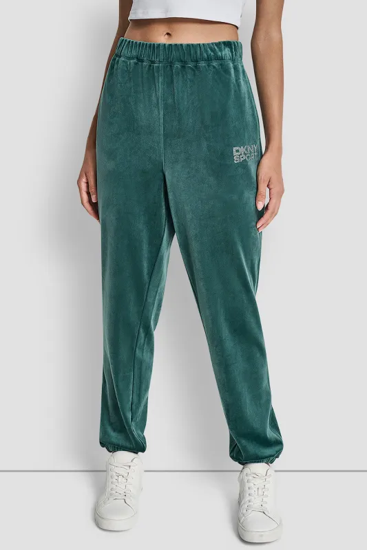 VELOUR RHINESTONE LOGO RELAXED JOGGER sold by DKNY