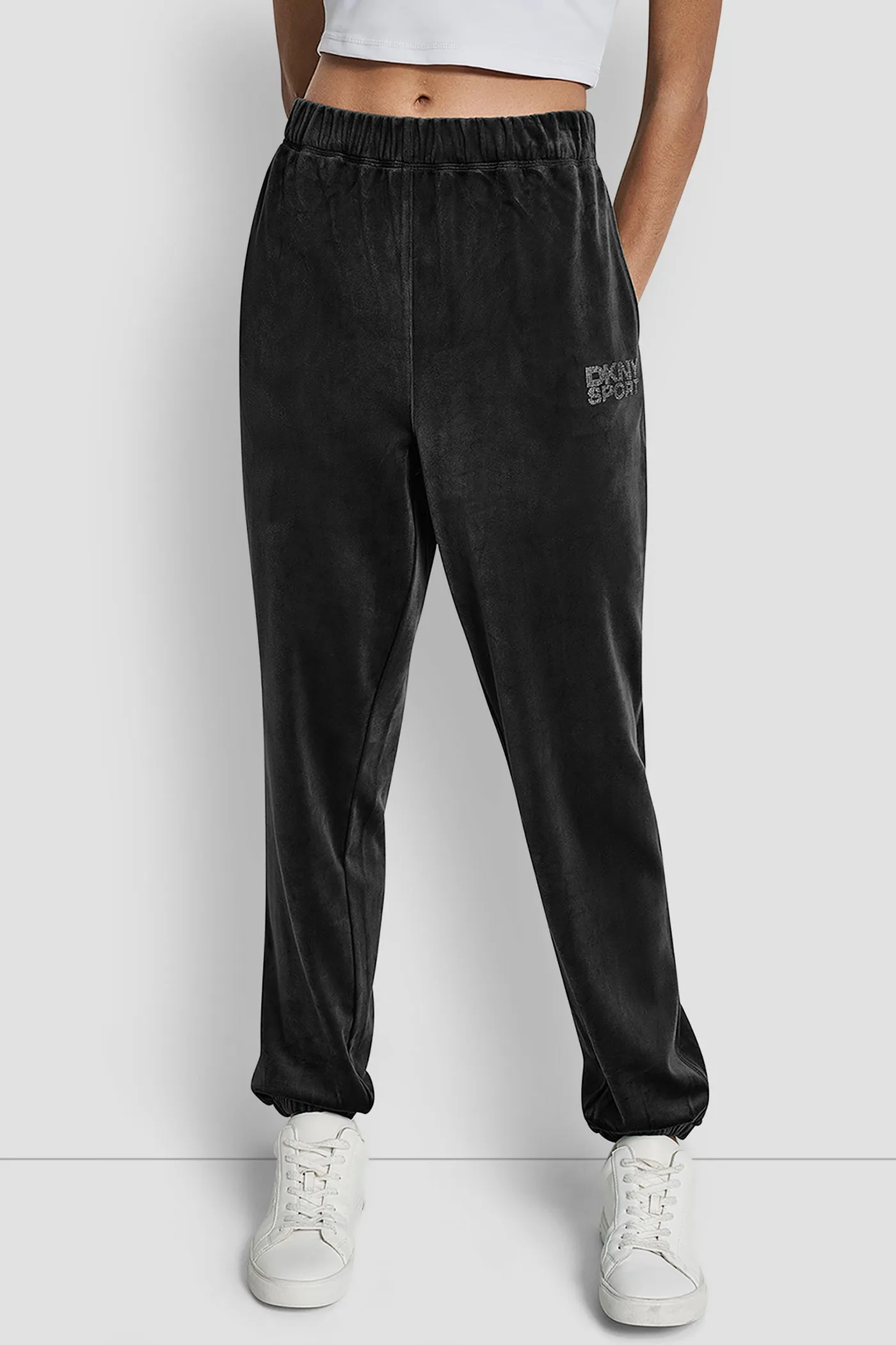 VELOUR RHINESTONE LOGO RELAXED JOGGER sold by DKNY