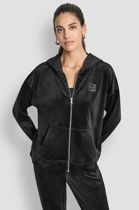 VELOUR RHINESTONE TWO TONE LOGO FULL ZIP HOODIE sold by DKNY