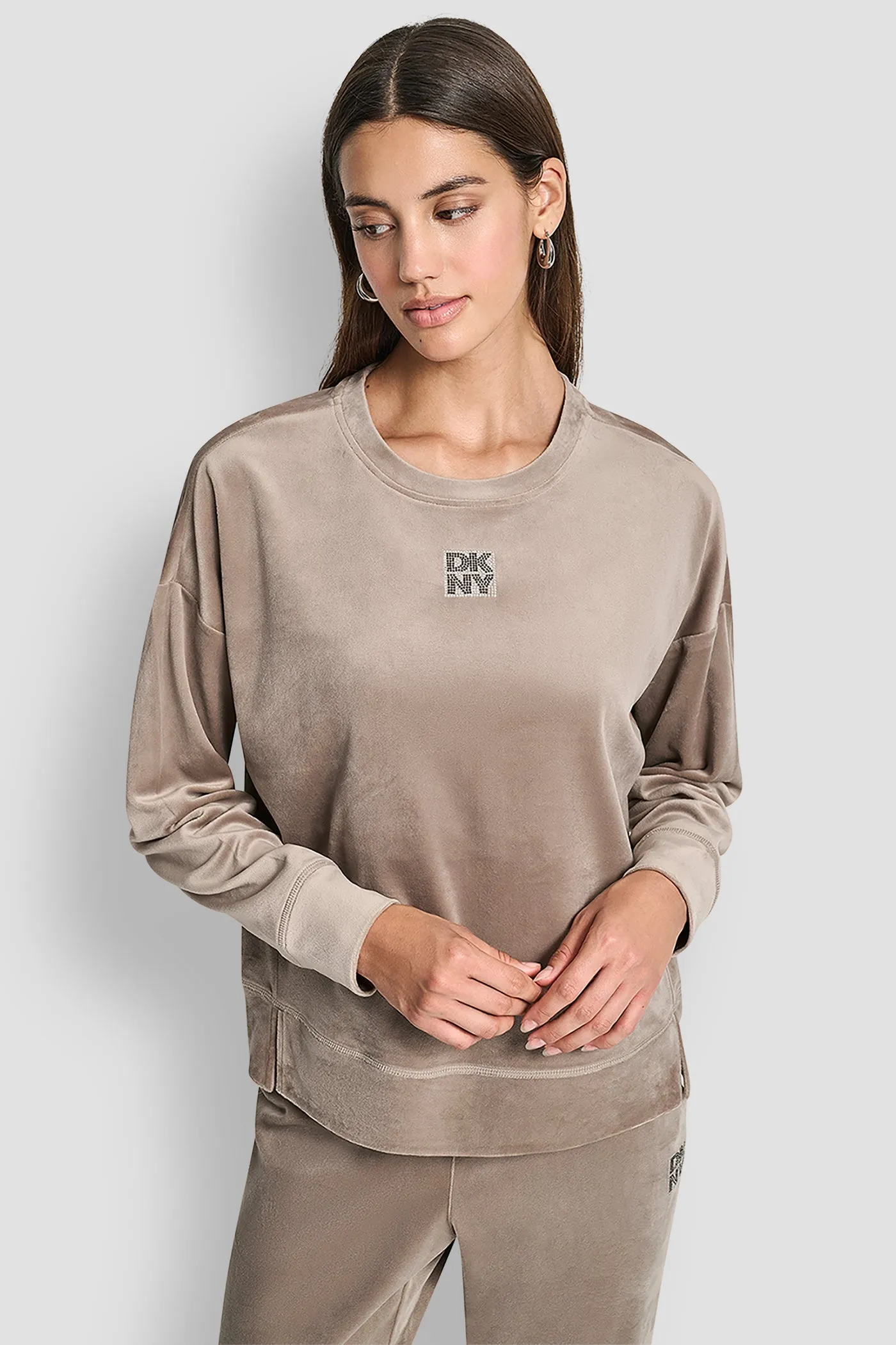 VELOUR RHINESTONE TWO TONE LOGO PULLOVER sold by DKNY