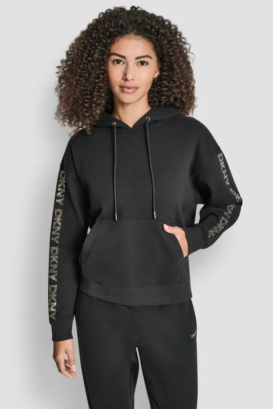 RELAXED RHINESTONE SLEEVE LOGO HOODIE sold by DKNY