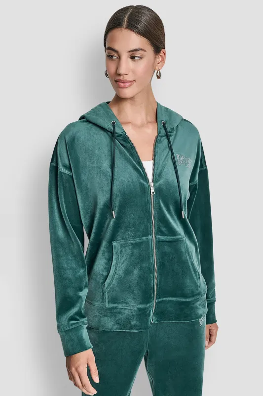 VELOUR RHINESTONE LOGO FULL ZIP HOODIE sold by DKNY