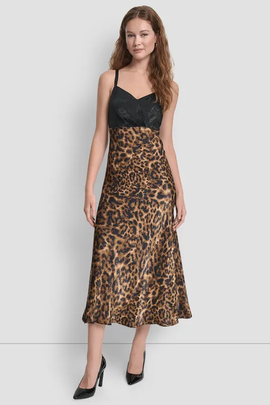 SLEEVELESS PRINTED SATIN DRESS sold by DKNY