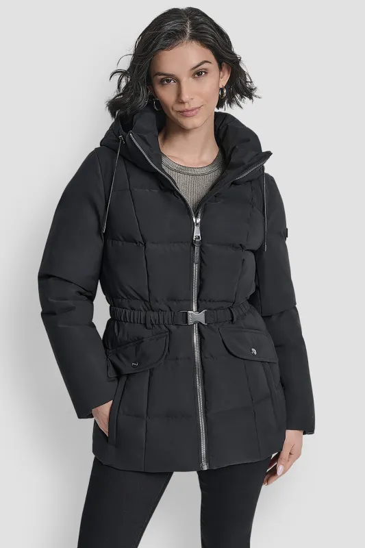 COTTON TOUCH PUFFER WITH HOOD AND BELT sold by DKNY