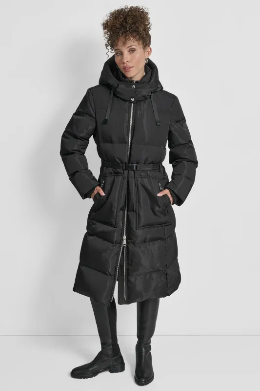 BOX QUILT PUFFER WITH BELT AND ZIPPER POCKETS sold by DKNY
