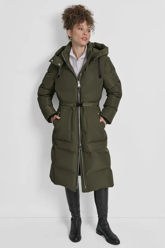 BOX QUILT PUFFER WITH BELT AND ZIPPER POCKETS sold by DKNY