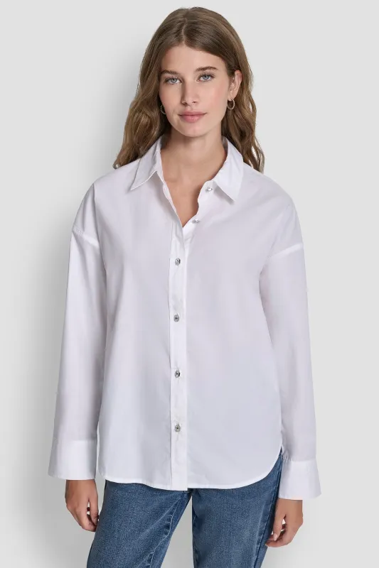 LONG SLEEVE RHINESTONE BUTTON FRONT SHIRT sold by DKNY