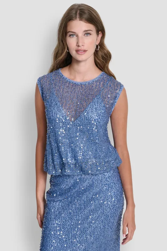 SLEEVELESS SEQUINED BUBBLE HEM SWEATER sold by DKNY