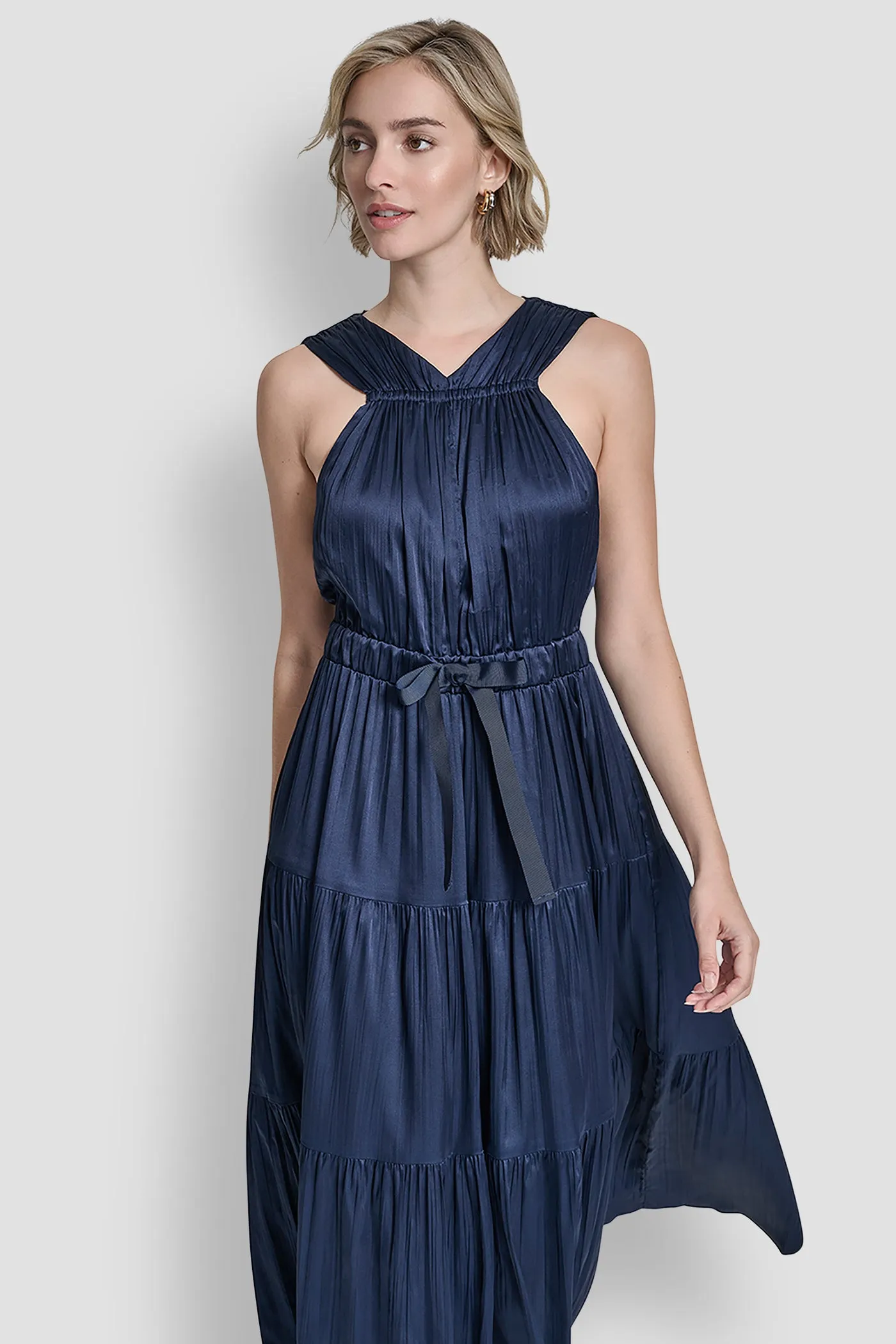 PLEATED SATIN TIE-WAIST MIDI DRESS sold by DKNY product image thumbnail 4