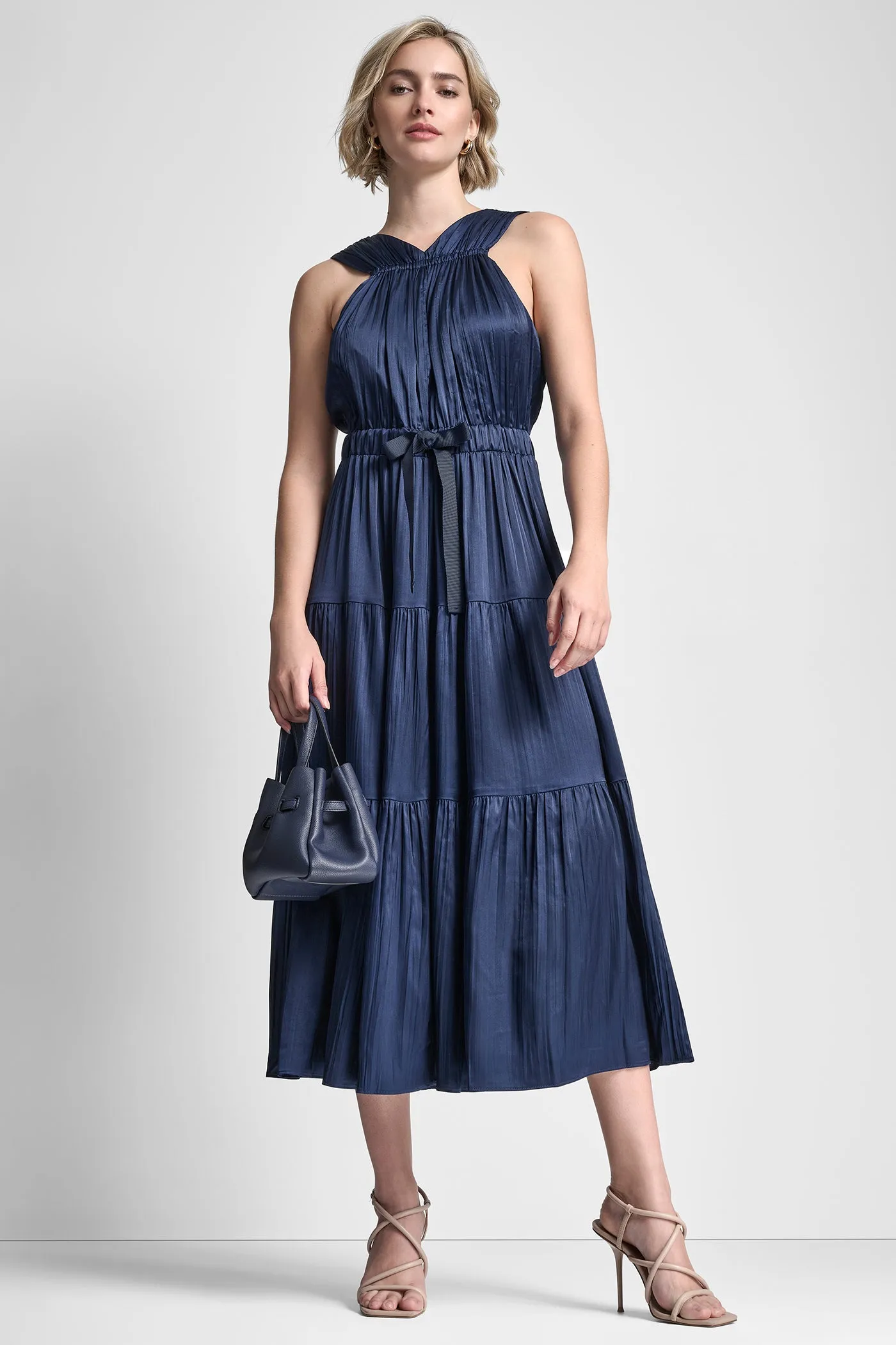 PLEATED SATIN TIE-WAIST MIDI DRESS sold by DKNY