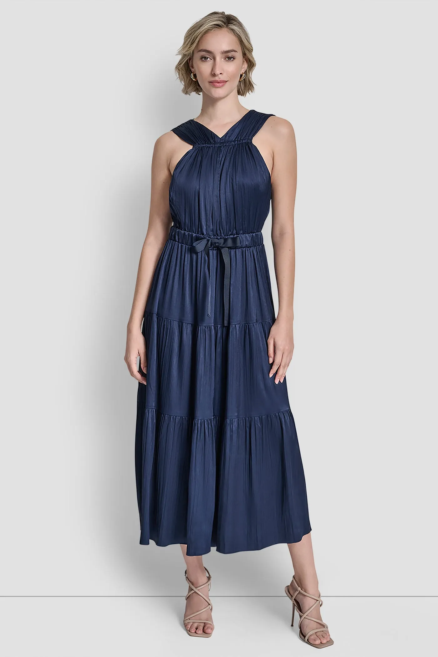 PLEATED SATIN TIE-WAIST MIDI DRESS sold by DKNY product image thumbnail 3