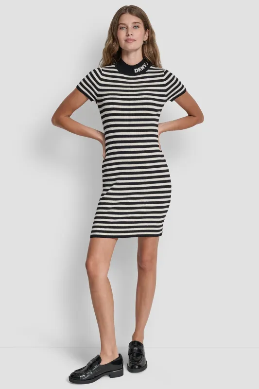 LUREX STRIPE MOCK NECK LOGO DRESS made by DKNY