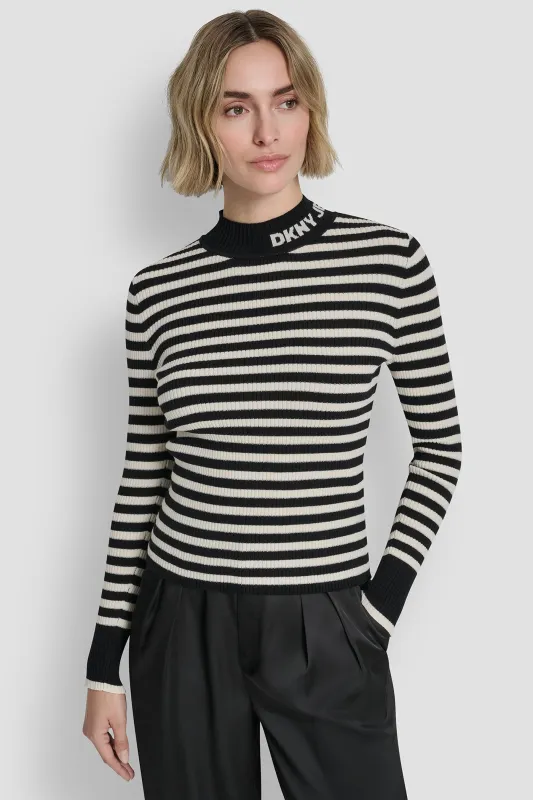 MOCK NECK RIB STRIPE LOGO SWEATER sold by DKNY