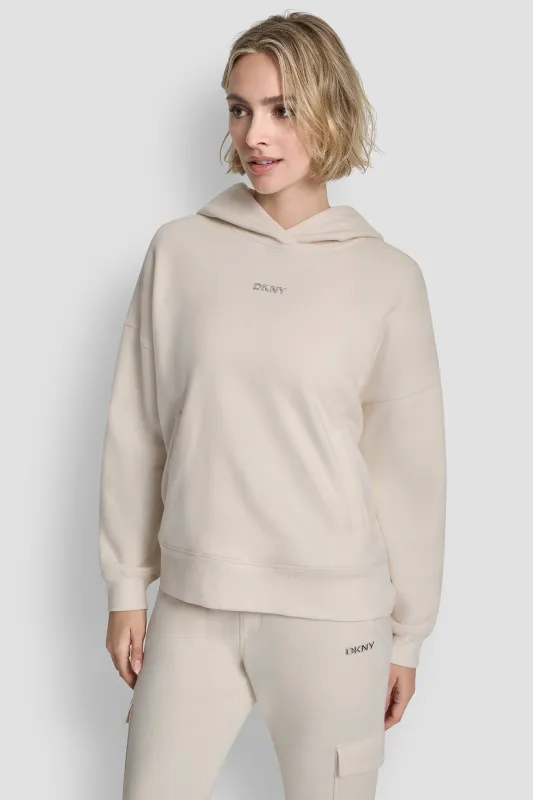 METALLIC BUBBLE LOGO FLEECE DROP SHOULDER HOODIE sold by DKNY
