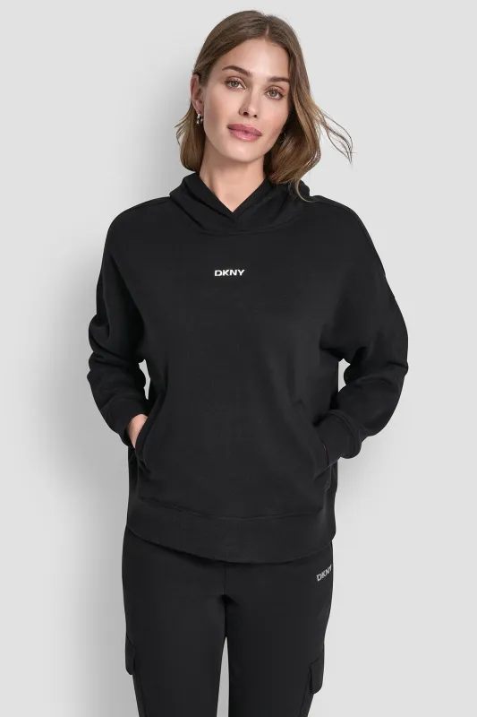 METALLIC BUBBLE LOGO FLEECE DROP SHOULDER HOODIE sold by DKNY