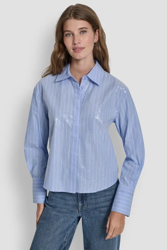 POPLIN BUTTON FRONT SHIRT WITH SEQUINS sold by DKNY