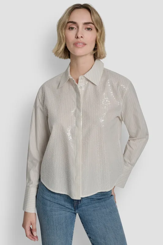 POPLIN BUTTON FRONT SHIRT WITH SEQUINS sold by DKNY