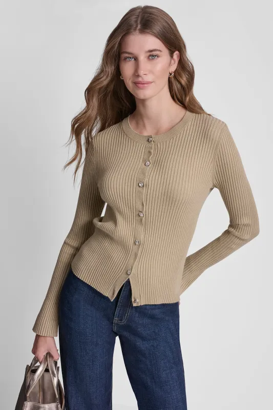 FLARE SLEEVE CARDIGAN WITH RHINESTONE BUTTON sold by DKNY