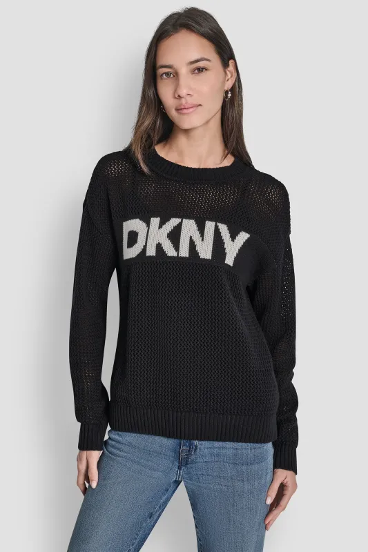 CREW NECK POINTELLE LOGO SWEATER sold by DKNY