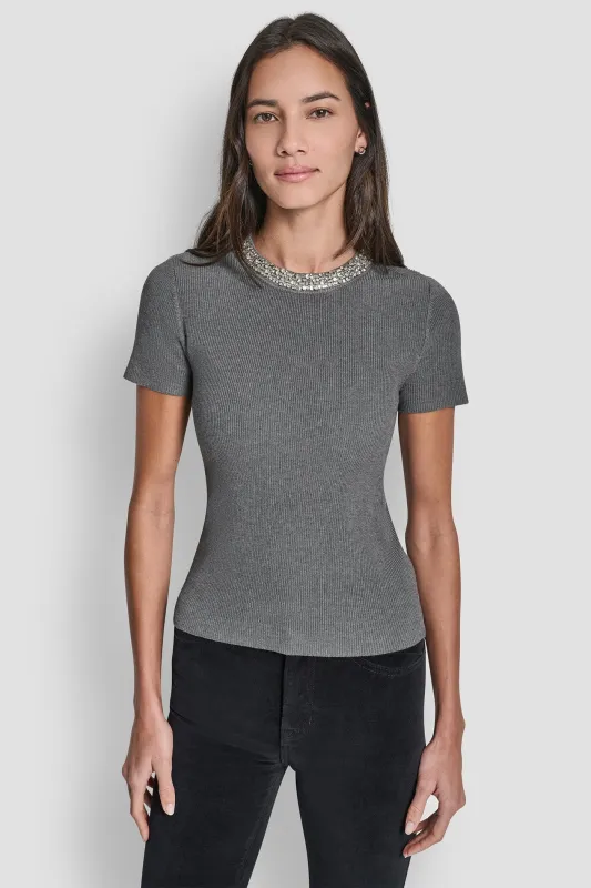 SWEATER WITH EMBELLISHED NECKLINE sold by DKNY