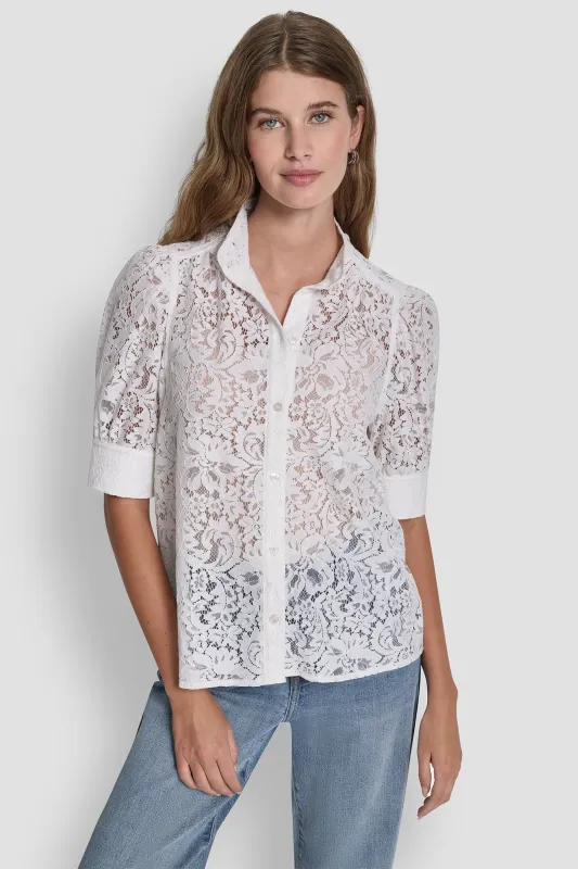 LACE PUFF SLEEVE SHIRT made by DKNY