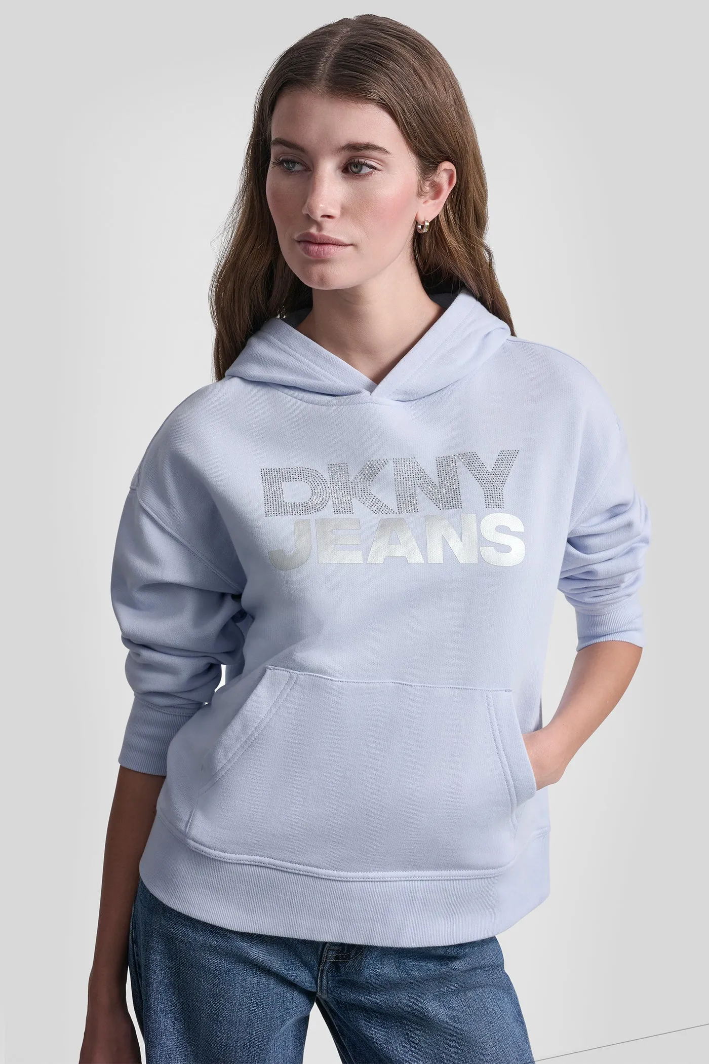 STACKED RHINESTONE FOIL LOGO HOODIE sold by DKNY