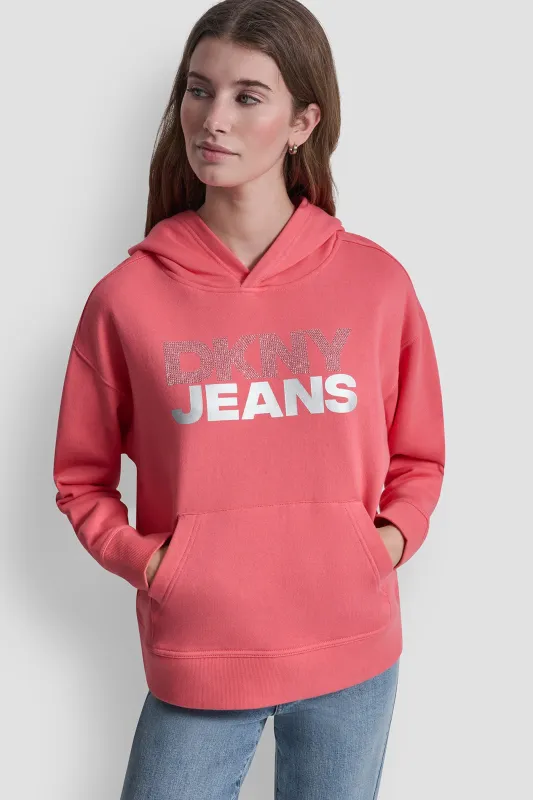 STACKED RHINESTONE FOIL LOGO HOODIE sold by DKNY