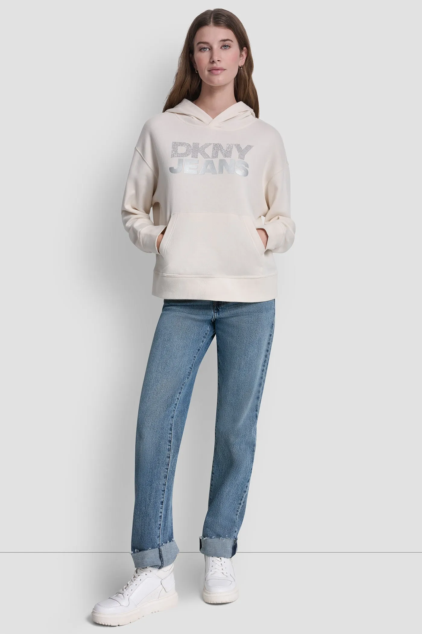 STACKED RHINESTONE FOIL LOGO HOODIE sold by DKNY