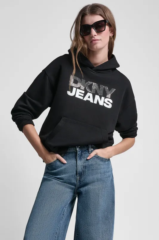 STACKED RHINESTONE FOIL LOGO HOODIE sold by DKNY