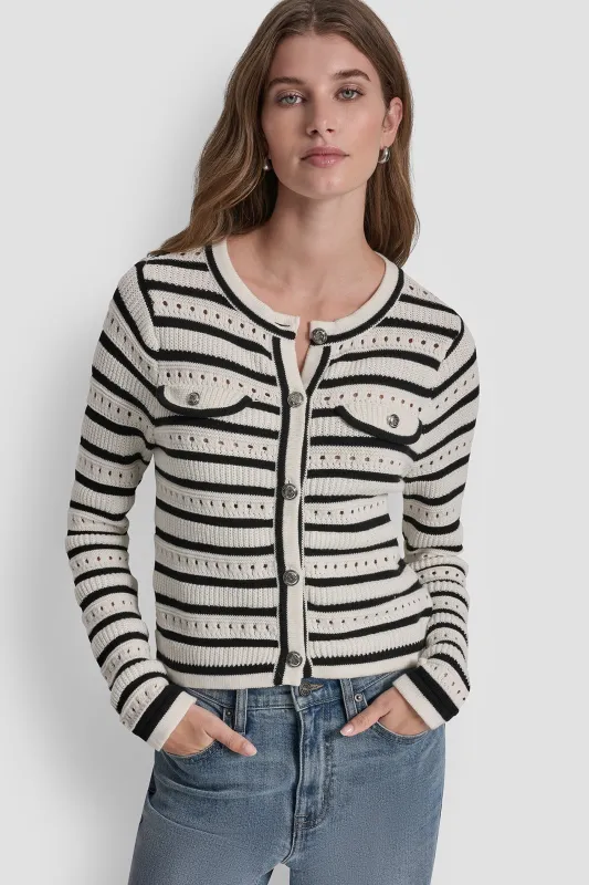 POINTELLE STRIPED CARDIGAN made by DKNY