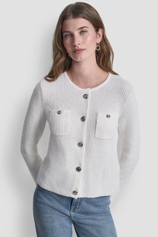 TUCK STITCH CREW NECK CARDIGAN made by DKNY