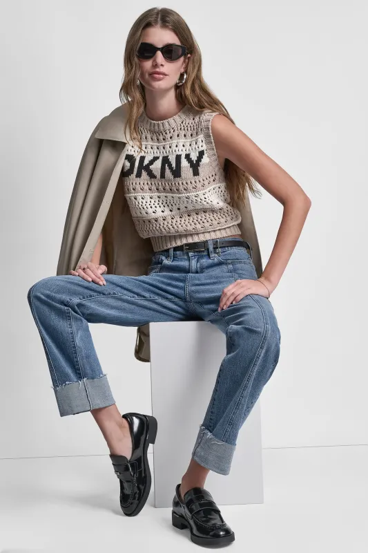 STRIPED POINTELLE STITCH SWEATER sold by DKNY
