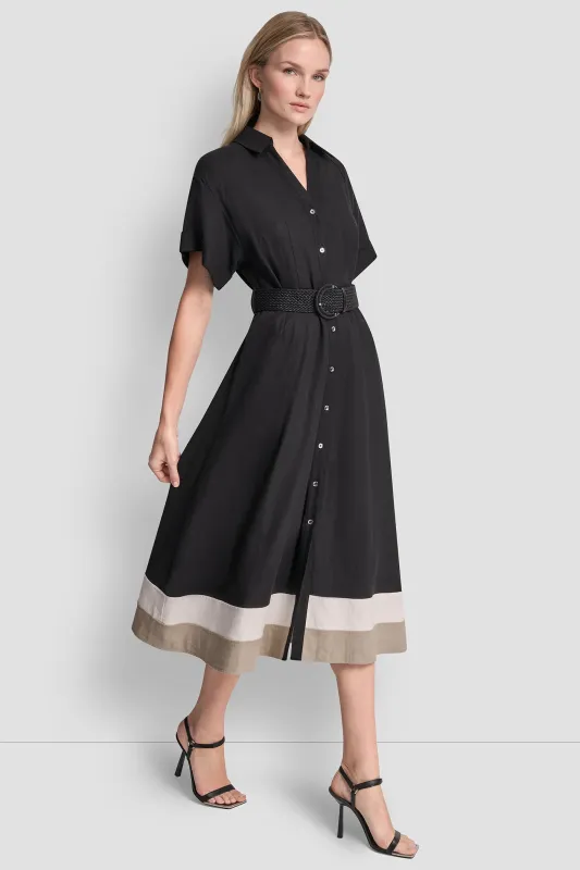 COLOR-BLOCK FIT & FLARE MIDI SHIRT DRESS sold by DKNY