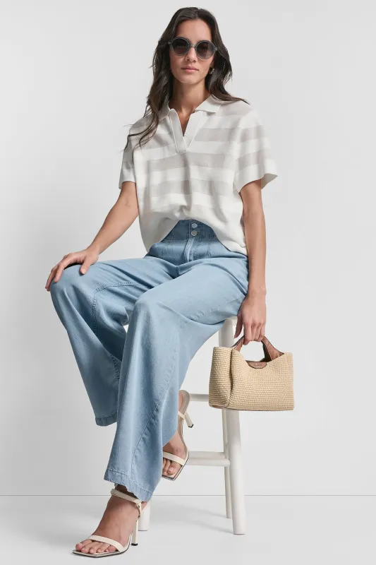 SHEER STRIPED POLO SWEATER sold by DKNY