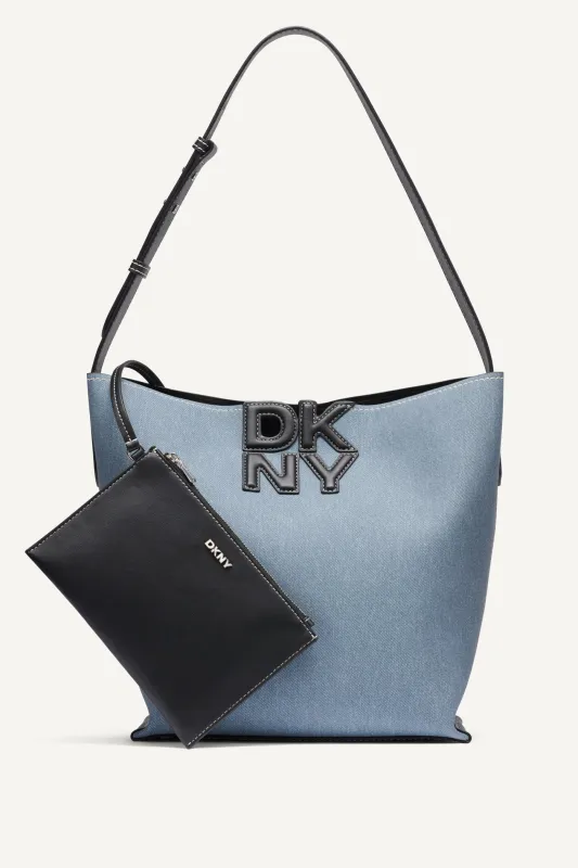 NICOLE DENIM LOGO BUCKET BAG made by DKNY
