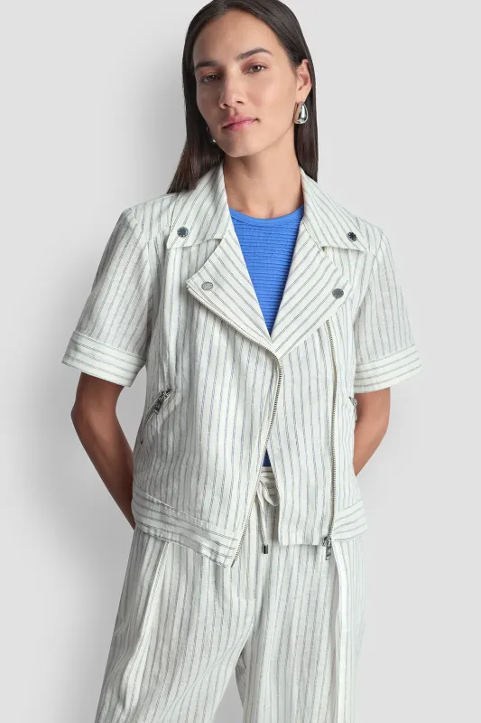 PINSTRIPE SHORT SLEEVE MOTO JACKET made by DKNY