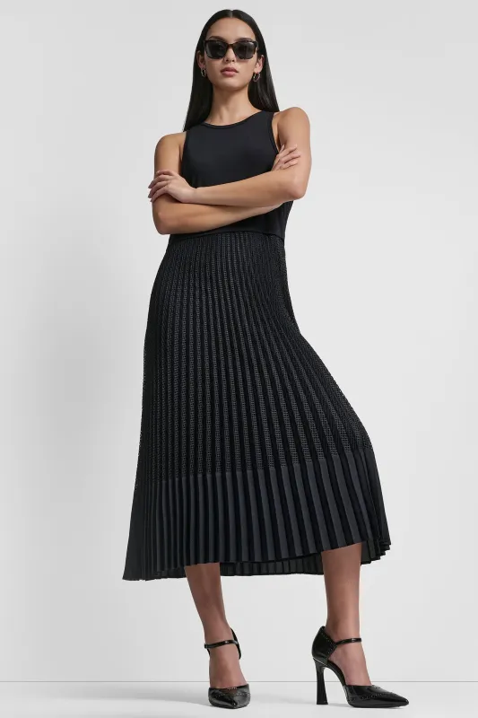 PLEATED MIXED MEDIA MIDI DRESS sold by DKNY