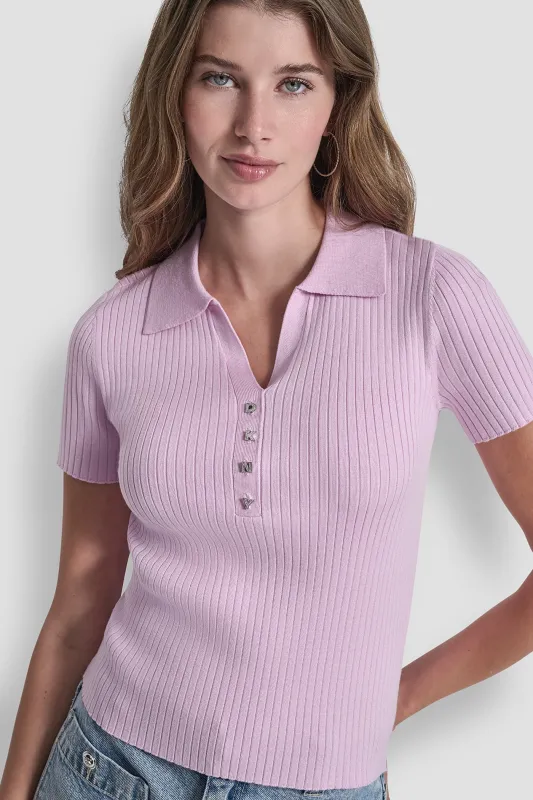 RIBBED POLO WITH RHINESTONE BUTTONS made by DKNY