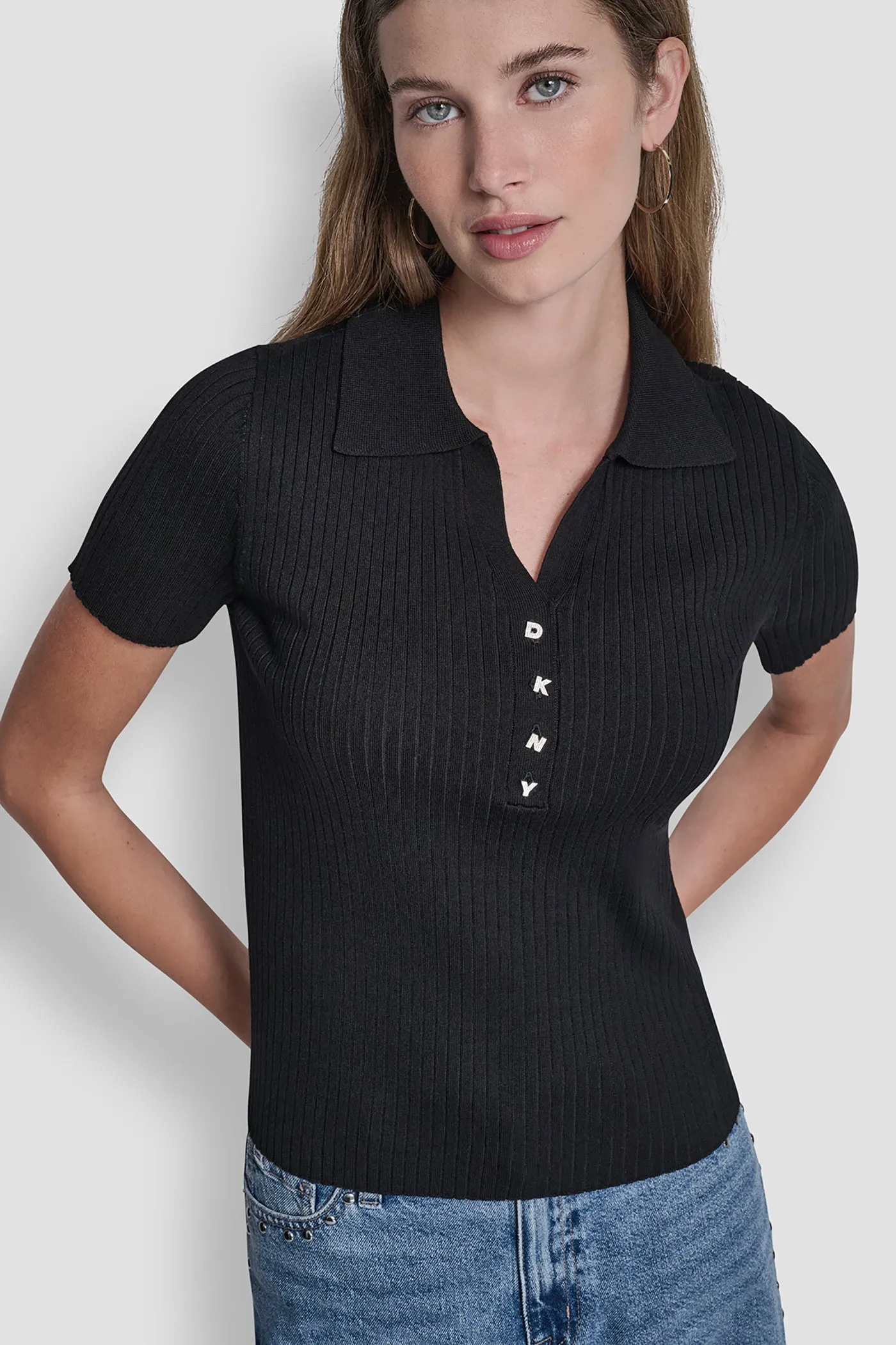 RIBBED POLO WITH RHINESTONE BUTTONS sold by DKNY