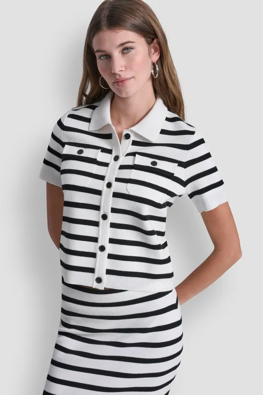 SHORT-SLEEVE STRIPED POLO CARDIGAN made by DKNY