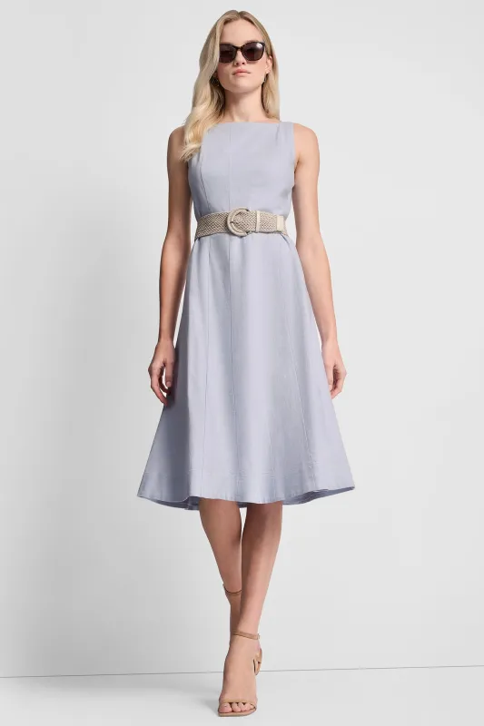 LINEN-BLEND MIDI FIT & FLARE DRESS sold by DKNY