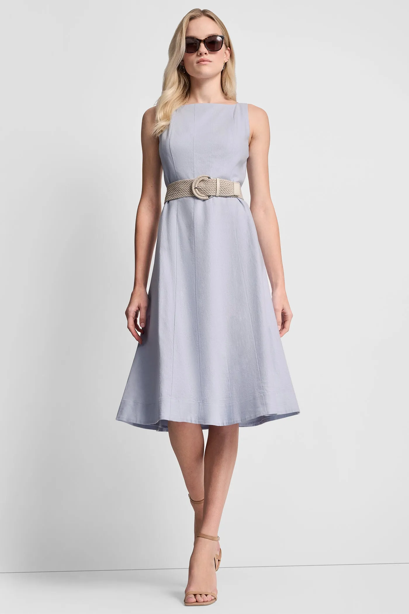 LINEN-BLEND MIDI FIT & FLARE DRESS sold by DKNY